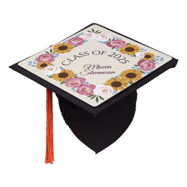 Floral frame custom name graduation cap topper (Angled)