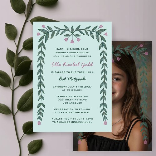 Floral Frame Custom Photo Bat Mitzvah Girl Invitation