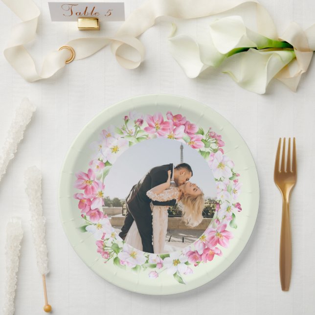 Floral Frame Favorite Couples Photo Wedding  Paper Plates (Wedding)