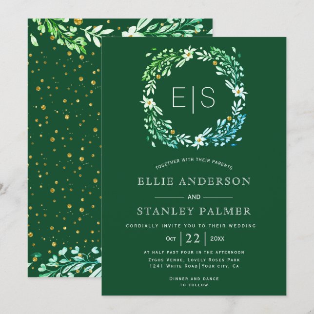 Floral frame, gold confetti emeral green wedding invitation (Front/Back)