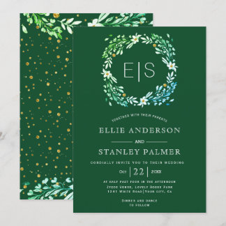 Floral frame, gold confetti emeral green wedding invitation