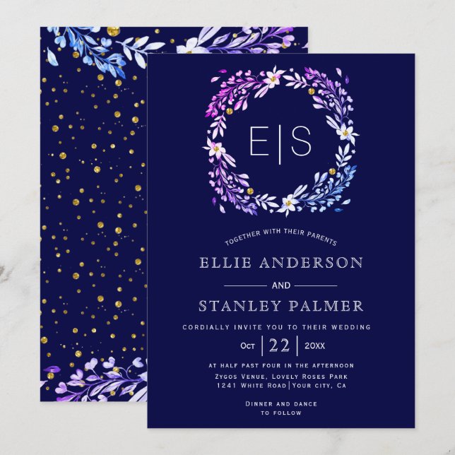 Floral frame gold confetti navy blue wedding invitation (Front/Back)