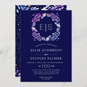 Floral frame gold confetti navy blue wedding invitation