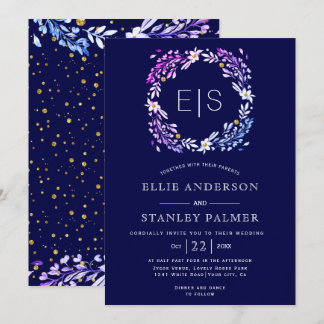 Floral frame gold confetti navy blue wedding invitation
