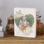 Floral Frame Gold Heart Shaped Romantic Photo Wooden Box Sign<br><div class="desc">Custom Photo block displaying your favorite photo in a geometric heart shaped gold frame. The frame is decorated with watercolor bouquets of cream and apricot flowers. It is lettered with the wording "You and Me Together Nothing Gets Better" in elegant casual, handwritten script on a neutral, almond white background, all...</div>