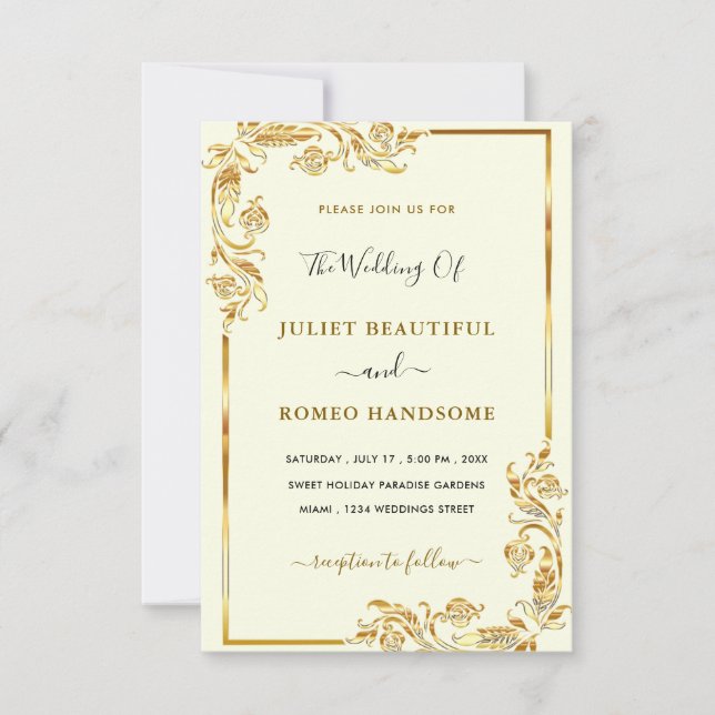 Floral Frame Gold Wedding Invitation Template (Front)