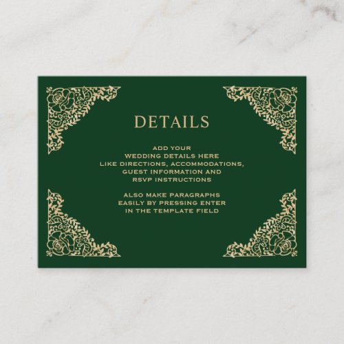 Floral Frame Green and Gold Wedding Details Enclosure Card
