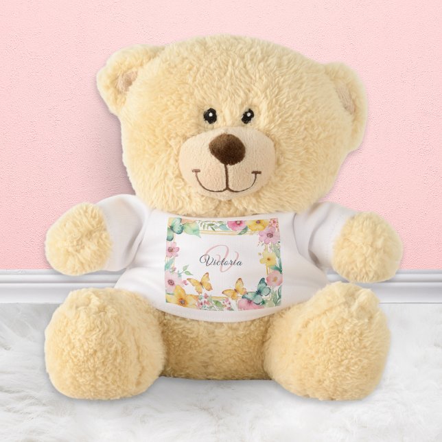 Floral Frame Monogrammed Elegant Pretty Chic Teddy Bear (A cute teddy bear with personalized monogram in a watercolor-style border of flowers and butterflies)