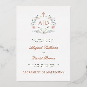 Floral Frame Monograms Catholic Wedding Foil Invitation