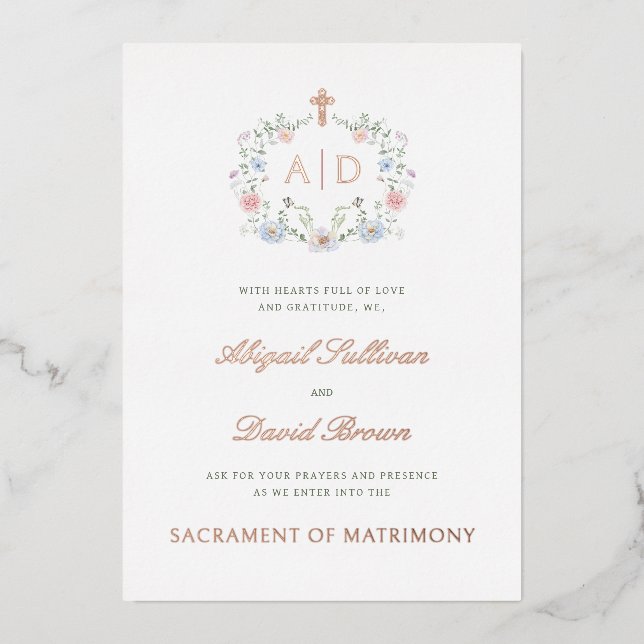 Floral Frame Monograms Catholic Wedding Foil Invitation (Front)