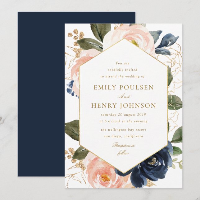 Floral frame navy & pink blush watercolor wedding invitation (Front/Back)