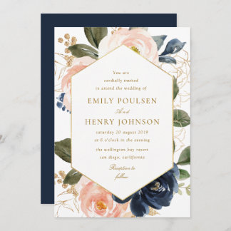 Floral frame navy & pink blush watercolor wedding invitation