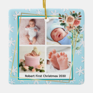 Floral Frame New Baby boy Personalized 4 Photo  Ceramic Ornament