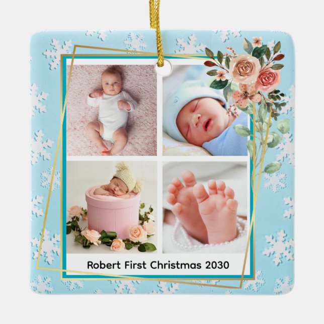 Floral Frame New Baby boy Personalized 4 Photo  Ceramic Ornament (Front)