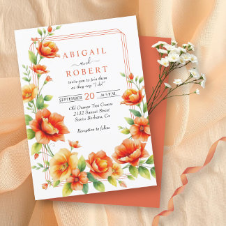 Floral frame orange flowers, triple border wedding invitation