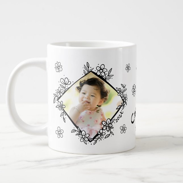 Floral Frame Personalized Picture Gift Giant Coffee Mug (Left)
