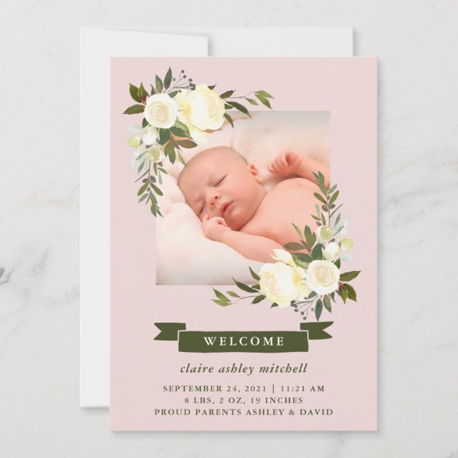 Floral Frame | Photo Baby Birth Announcement (Front)