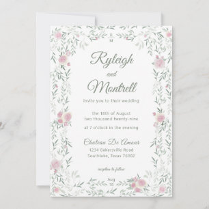 Floral Frame Pink Roses and Greenery Romantic Invitation