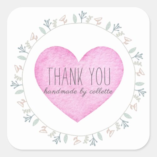 Floral Frame Pink Thank You Handmade Square Sticker