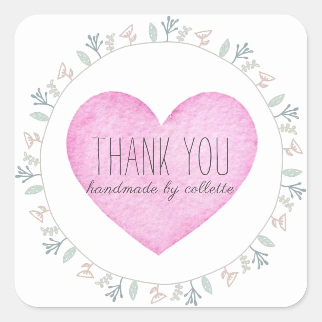 Floral Frame Pink Thank You Handmade Square Sticker (Front)