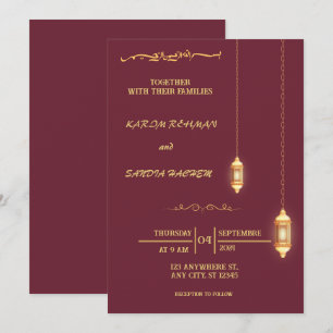 Floral Frame Plum and Gold Islamic Muslim Wedding  Invitation