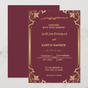 Floral Frame Plum and Gold Islamic Muslim Wedding  Invitation