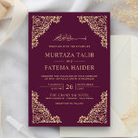 Floral Frame Plum and Gold Islamic Muslim Wedding Invitation<br><div class="desc">Invite your guests with this Islamic style wedding invitation featuring an intricate floral design and 'Bismillah' in Arabic calligraphy on a plum purple background. Simply add your event details on this easy-to-use template to make it a one-of-a-kind invitation. This invitation is fully customizable. All texts are editable and background color...</div>