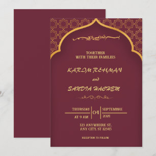 Floral Frame Plum and Gold Islamic Muslim Wedding  Invitation