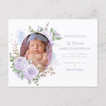 Floral frame Purple Girl Photo Birth Announcement