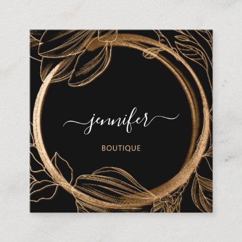 Floral Frame QR Code Logo Black Gold Royal   Square Business Card