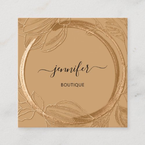 Floral Frame QR Code Logo Garden Brown Gold  Square Business Card