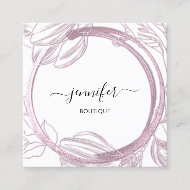 Floral Frame QR Code Logo Garden Pink white Square Business Card (Front)