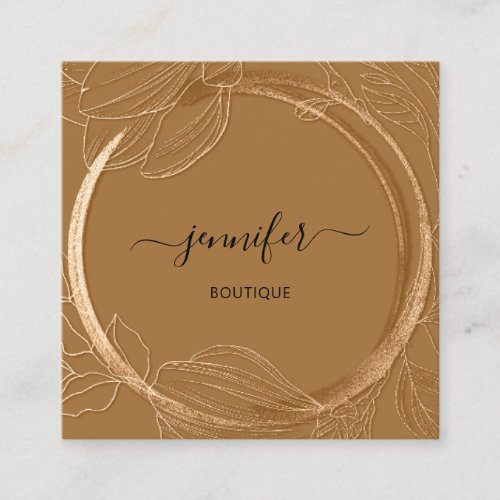 Floral Frame QR Code Logo Gold Brown Royal Square Business Card