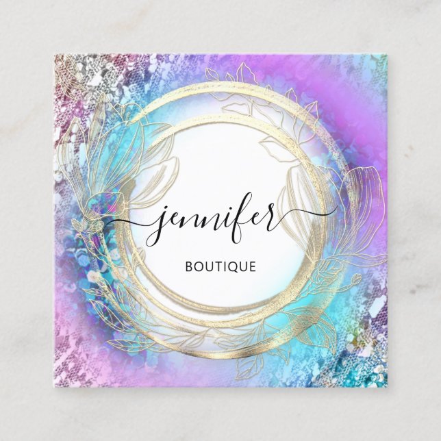 Floral Frame QR Code Logo Gold Garden Pink Square Business Card (Front)