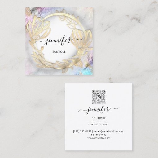 Floral Frame QR Code Logo Gold Gray Abstract Square Business Card | Zazzle