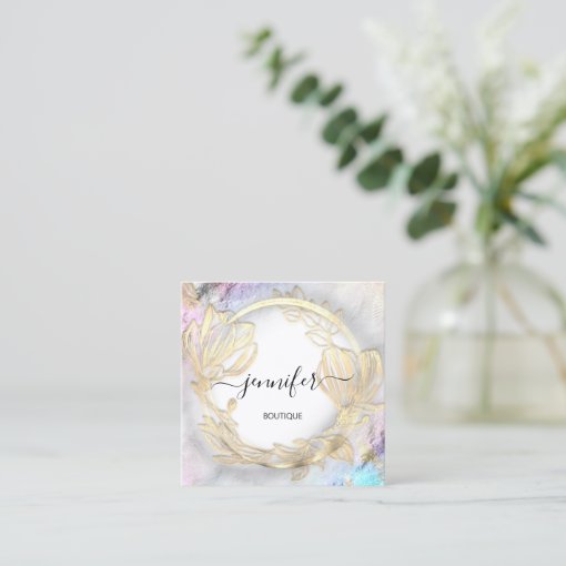 Floral Frame QR Code Logo Gold Gray Abstract Square Business Card | Zazzle