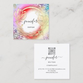 Floral Frame QR Code Logo Gold Holographic Square Business Card | Zazzle