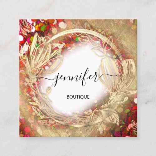 Floral Frame QR Code Logo Gold Red Confetti  Square Business Card