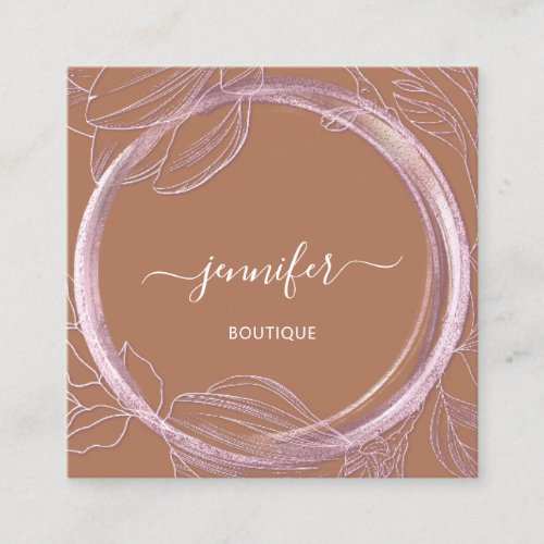 Floral Frame QR Code Logo Pink Brown Online Shop  Square Business Card