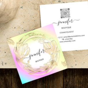 Floral Frame QRCode Logo Gold Ombre Pink  Square Business Card