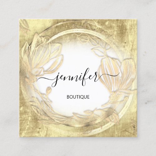 Floral Frame QRCode Logo Gold White  Square Business Card