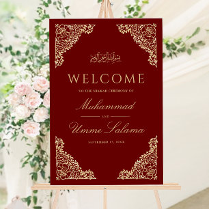 Floral Frame Red Gold Muslim Wedding Welcome Sign