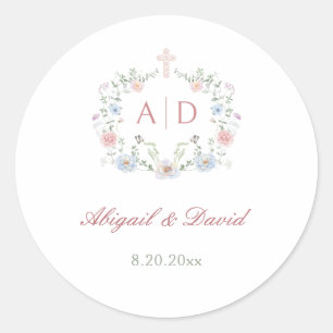 Floral Frame Religious Wedding Monograms Classic Round Sticker