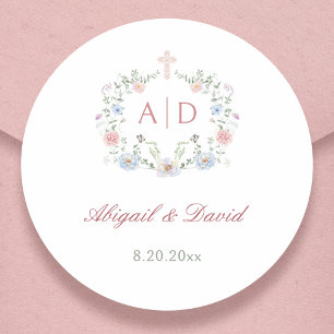 Floral Frame Religious Wedding Monograms Classic Round Sticker