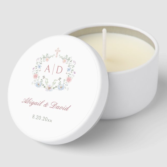 Floral Frame Religious Wedding Monograms Mini Candle Favors (Corner)