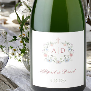 Floral Frame Religious Wedding Monograms Sparkling Wine Label