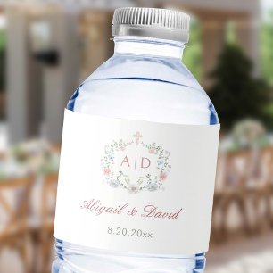 Floral Frame Religious Wedding Monograms Water Bottle Label