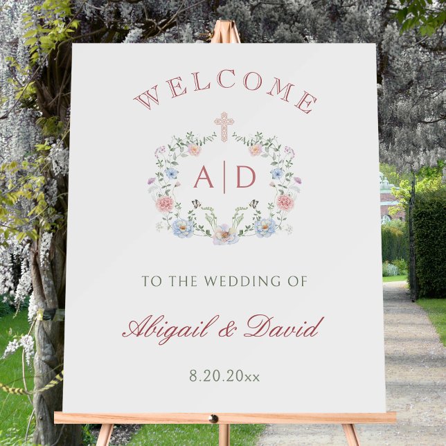Floral Frame Religious Wedding Monograms Welcome Foam Board (Creator Uploaded)