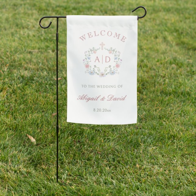 Floral Frame Religious Wedding Monograms Welcome Garden Flag (In SItu)