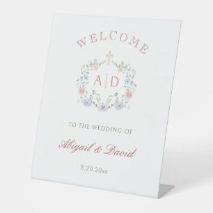 Floral Frame Religious Wedding Monograms Welcome Pedestal Sign